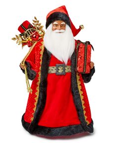 a santa claus figurine holding a gift bag and wearing a red suit with gold trim