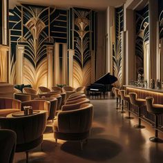 17 Glamorous Art Deco Lounge Ideas to Transform Your Space - Fabricerie Art Deco Architecture Interior, Modern Art Deco Architecture, Living Room Art Deco, Art Deco Office, Art Deco Lounge, Bar Restaurant Interior, Patterned Armchair, Curved Furniture, Art Deco Inspiration