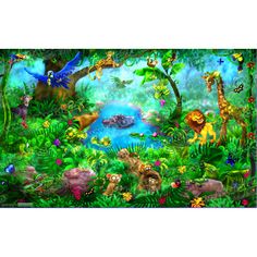 an image of a jungle scene with animals in the trees and flowers on the ground