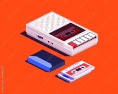 an old school cassette player next to a floppy disk and card reader on orange background