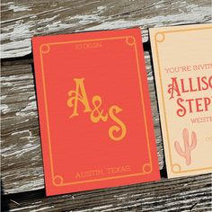 two red and yellow wedding cards with the words, you're invited to allisco step western