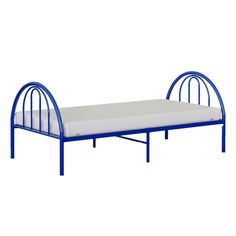 a blue metal bed frame with a white mattress