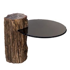 a table made out of wood and glass with a tree stump as the center piece