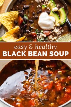 black bean soup being poured into a pot with tortilla chips