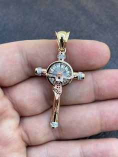 "925 Sterling Silver Crucifix with 14k gold plating - Super icy baguette simulated diamond stones (cz) - 5.6 grams - Handmade in Italy - Approximately 2\" x 1\" including bale - Buy pendant only or with choice of 2mm rope chains Chains also made in Italy & are solid sterling silver with gold finish" White Cubic Zirconia Crucifix Jewelry, Rose Gold Cubic Zirconia Cross Pendant, Gold Diamond Crucifix Jewelry, Baguette Diamond Cross Pendant Jewelry For Gifts, White Baguette Diamond Jewelry For Gifts, Vvs Clarity Crucifix Jewelry Gift, White Baguette Diamond Jewelry Gift, Silver Crucifix Jewelry Stamped 14k, Gold Crucifix Jewelry With Diamond Accents