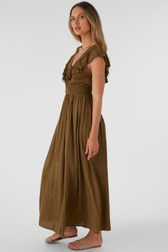 Elegant woven maxi dress that has a deep v-neckline, ruffle detail and solid color wash. O'Neill Women's woven maxi dress 56" In length Bodice ruffles Pin tucks on bodice Tie back detail Solid color wash 100% Viscose Crinkle | O'Neill Women's Nolee Solid Maxi Dress in Military Olive, Size XS, Viscose Ruched V-neck Maxi Dress, Solid Color Maxi Dress With Surplice Neckline For Spring, Spring Solid Color Maxi Dress With Surplice Neckline, Green V-neck Maxi Dress With Smocked Back, Bohemian Maxi Dress With V-neck And Ruched Details, Casual Ruffled Floor-length Maxi Dress, Casual Floor-length Ruffled Maxi Dress, Casual Floor-length Maxi Dress With Ruffles, Solid Color V-neck Midi Dress With Smocked Back