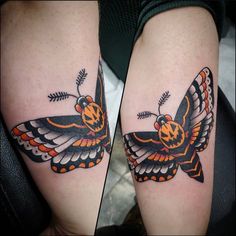 two different tattoos on the legs of people with moths and arrows in them, one is orange