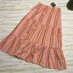 This Skirt Is New With Tags! Peach Pink Orange Color With Striped Print. Long Modest Midi Length Skirt. Elastic Waist With Drawstring. Tiered Ruffle Style Perfect For Spring And Summer. Women’s Size Small. 2.5.23 F Casual Pink Ruffled Maxi Skirt, Pink Tiered Skirt For Summer, Pink Tiered Skirt For Vacation, Casual Pink Cotton Maxi Skirt, Long Summer Skirt In Pink, Summer Pink Relaxed Maxi Skirt, Pink Tiered Maxi Skirt For Summer, Summer Pink Relaxed Fit Maxi Skirt, Pink Midi Skirt For Vacation