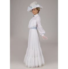 The luxurious and extravagant style of the Edwardian era can be found in this white batiste dress. This dazzling dress has a high lace covered collar that tops a white lace trimmed yoke. Long sleeves have lace cap, lace trim, and buttoned cuff. The graceful skirt has tiers trimmed in white lace. A matching cotton belt closes with buttons. Choose blue, pink or white below. The dress has a back button closure and elasticized waist. White batiste is 100% cotton. Proudly made in the US by Recollecti White Fitted Dress With Lace Cuffs, Wedding Dress With Lace Collar, White Victorian Dress With Fitted Bodice For Summer, White Fitted Victorian Summer Dress, White Fitted Victorian Dress For Summer, Fitted White Victorian Dress, White Victorian Dress For Spring, White Victorian Dress For Spring Formal, Elegant Victorian Dress For Summer