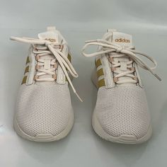 Brand New With Box Adidas Cloudfoam Children’s White Sneakers With Gold Stripes. 3.5. Tag Is Inside Of The Box. Adidas Gold, Gold Adidas, Adidas Cloudfoam, Shoes Adidas, Gold Stripes, White Sneakers, Adidas Shoes, The Box, Kids Shoes