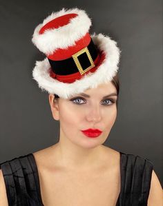 Sexy Santa top hat Novelty Costume Hat With Adjustable High Crown, Novelty Adjustable High Crown Costume Hat, Adjustable Christmas Costume Party Accessories, Red Novelty Mini Hats For Party, Red Novelty Mini Hats For Parties, Novelty Adjustable Hat For Carnival, Adjustable Novelty Hats For Carnival, Novelty Red Mini Hats For Party, Adjustable Novelty Hat For Carnival