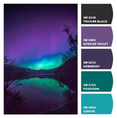 an image of the northern lights in purple, green and blue hues with text below