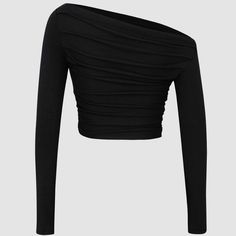 Basically Brand New Occasion: Casual Category: Tops Composition: 5% Spandex, 95% Cotton Fitted Mid Stretch Not Sheer Color: Black Black One-shoulder Elastane Tops, Black Stretch Asymmetrical Crop Top, Black Asymmetrical Stretch Crop Top, Black Top With Asymmetrical Neckline In Elastane, Versatile Black Ruched Tops, Black Ruched Top With Asymmetrical Neckline, Ruched Long Sleeve Top, Shoulder Shirts, Long Sleeve Top