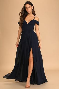 Prom Dresses 2022 - Long and Short Prom Gowns | Lulus Navy Blue Off The Shoulder Dress, Flattering Bridesmaid Dresses, Inexpensive Prom Dresses, Flowy Maxi Skirt, Beachy Dresses, Elegant Casual Dress, Velvet Bridesmaid Dresses, Flowy Maxi Skirts, Perfect Bridesmaid Dress