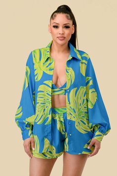 Vacay me now in our Summer Tropic Palm 3 piece short set. Long billow sleeved bloused with matching bralet and shorts. "Summer Tropic Palm 3PC Short Set” Chiffon long maxi length button up shirt Elastic waist Long sleeve Extended cuff Polyester Imported Cheap Tropical Print Beachwear Tops, Summer Tropical Print Blouse, Luxury Summer Shorts For Beach, Cheap Blue Tropical Tops, Luxury Summer Tops For Beach, Affordable Color Block Summer Sets, Two Piece Pant Set Beach, Luxury Beachwear Shorts With Built-in Shorts, Luxury Summer Beach Shirt