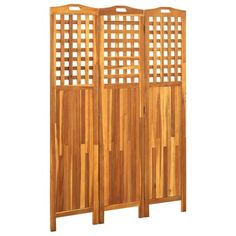 a wooden room divider with lattice design