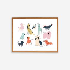 a framed print with dogs in different colors