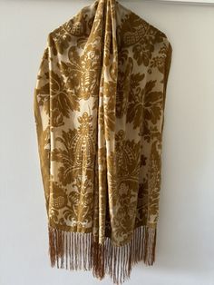 40% silk 60% viscose. 50x180 + 18 cm fringes. Large mustard gold brown scarf stole evening look Elegant Fringed Shawl Scarf, Elegant Fringe Shawl Scarf, Elegant Fringed Scarves For Fall, Elegant Fall Shawl With Tassels, Gold Silk Bohemian Scarves, Gold Bohemian Silk Scarves, Gold Silk Bohemian Scarf, Gold Shawl For Festive Evening, Gold Shawl For Festive Evening Events