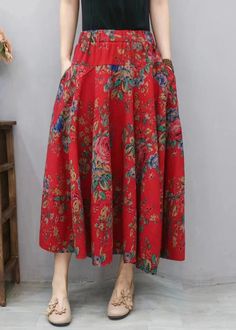 New Red Print Pockets Elastic Waist Cotton Skirt Summer RE047 / S(Fit for EU 38-40, US 6-8, UK/AU 10-12, IT 42-44)