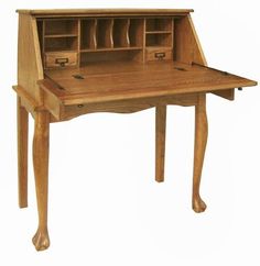 a wooden desk with an open drawer on the top and drawers at the bottom, in front of a white background