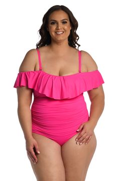 Model is wearing a pop pink colored one piece swimsuit from our Best-Selling Island Goddess collection. Fitted Ruched Swimwear With Ruffled Straps, Feminine Fitted Ruffled Swimwear, Fitted Off-shoulder Swimwear With Ruffles, Fitted Off-shoulder Ruffled Swimwear, Ruffles Drawing, One Piece Pop, Neckline Slimmer, Cold Shoulder Styles, Swimsuit Material