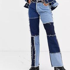 Jaded London Patchwork Jeans Size 28 Can Fit Smaller. Not Larger. Unworn, Only Tried On. Like New Condition With Tag Still Attached. Great Quality And V Soft!! Deadstock Item That Will Not Come Back. Get It While You Can Jadedlondon Dollskill Dolls Kill 90s Mid Rise Blue Colorblock Y2k Minga Designer #Jadedondon #Deadstock #Designer #90s Brown Streetwear, Ragged Jeans, Trendy Pants, Streetwear Pants, Jeans Woman, Streetwear Jeans, Bootcut Jean, Boyfriend Jean, High Waist Denim