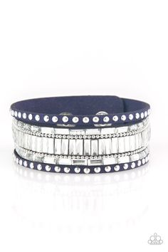 Shiny silver studs, dainty silver ball chains, and edgy white emerald-cut rhinestones race along a spliced blue suede band for a rock star look. Features an adjustable snap closure. Sold as one individual bracelet. Nickel Free Jewelry, Gamma Phi, Snap Bracelets, Wrap Bracelets, Paparazzi Accessories, White Rhinestone, Inspired Jewelry, Rhinestone Bracelet, Paparazzi Jewelry