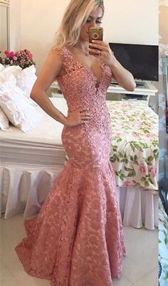 Mermaid Prom Dresses Lace, V Neck Prom Dresses, Prom Dresses 2019, Pink Prom Dress, Lace Prom Dress, Mermaid Evening Dresses, Prom Dresses Lace, Evening Party Dress, Mermaid Prom Dresses