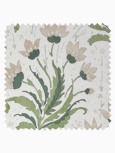 the fabric has flowers and leaves on it, as well as green plants in white