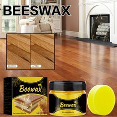 the beeswax product is being displayed in front of a living room with hardwood flooring