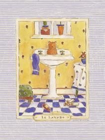 a painting of a cat sitting on top of a bathroom sink