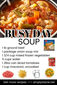 a poster with the words busy day soup on it and pictures of different types of food