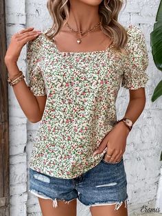 Eromis - Stylish Floral Print Square Neck Blouse - Trendy Short Sleeve Casual Top for Spring & Summer - Womens Fashion Apparel Feminine Square Neck Tops For Beach, Floral Print Square Neck Top For Beach, Spring Square Neck Printed Tops, Floral Print Square Neck Top For Vacation, Floral Print Vacation Tops With Square Neck, Vacation Tops With Floral Print And Square Neck, Vacation Floral Print Top With Square Neck, Spring Vacation Tops With Square Neck, Square Neck Tops For Beach In Spring