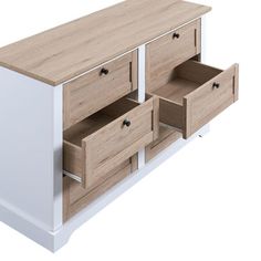 a white and wood dresser with drawers on the bottom shelf is shown against a white background