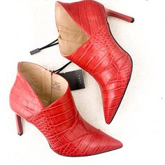 New With Tags, Size 6,5 Us. 3” Heel Elegant Red Heeled Boots For Spring, Red Ankle Strap Heels For Fall, Red Pointed Toe Heeled Boots For Spring, Chic Red Pointed Toe Heeled Boots, Chic Red Heeled Boots With Pointed Toe, Chic Red Ankle Heeled Boots, Red Pointed Toe Heels For Fall, Red Ankle-high Boots With 4-inch Heel, Red Heeled Boots With Reinforced Heel For Spring