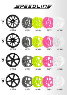 an image of different types of wheels in various colors and sizes, with the words speedline