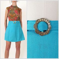 1960s mod aqua blue belted miniskirt with card suit themed metal buckle. High waisted with a side zipper and clasp closure and pleated back. Metal studs on the back show some surface-wear - please see photos. In overall great vintage condition.  All measurements are taken with the garment laying flat and doubled for the bust, waist, and hips.  Waist: 23" - 23.5" pulled tight Hips: 34.5" Length: 18" Label: None Approx. Fit: 23 waist Some garments have been adjusted in photos to fit the form. Plea 1960s Mini Skirt, 60s Inspired Fashion, Horse Vintage, 1960s Mod, Tight Hips, Micro Mini Skirt, 60s Mod, Micro Mini, 60s Fashion