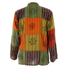 This traditional style button up shirt offers the self-expression and colorful vibes any hippie loves to radiate! Featuring a front pocket and funky designs, this shirt wears comfortably and lets your individualism shine. Patchwork clothing is made from many different sections of fabrics that are sewn together to form the final unique piece. Each item is a one of a kind piece of art we hope will surprise and delight you! Bohemian Long Sleeve Shirt With Buttons, Bohemian Cotton Button-up Shirt, Multicolor Long Sleeve Shirt For Festivals, Bohemian Style Festival Tops With Buttons, Bohemian Festival Tops With Buttons, Multicolor Cotton Blouse With Buttons, Colorful Pattern Cotton Tops, Multicolor Cotton Tops With Buttons, Bohemian Green Tops With Buttons