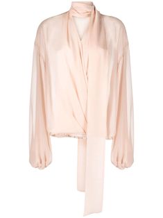 rose pink silk scarf detailing V-neck long sleeves elasticated cuffs elasticated hem Designer Silk V-neck Blouse, Designer Silk V-neck Tops, Silk V-neck Top With Blouson Sleeves, Chic Long Sleeve Silk Chiffon Tops, Silk Chiffon Long Sleeve Tops For Evening, Chic Evening Blouse With Elastic Sleeves, Designer Silk Blouse For Daywear, Luxury Pink Blouse, Luxury Pink Tops For Spring