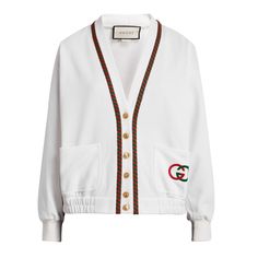 Crafted In Italy From A Cotton Blend. This Oversized Cardigan Features Red And Green Striped Trim, Gold-Tone Emblem Buttons, An Interlocking Gg Logo, Elastic Waistband And Cuffs, 2 Front Pockets, And A Front Button Up Closure. White Gg Technical Jersey Cardigan Red And Green Detailing Gold-Tone Hardware 55% Polyester, 45% Cotton Oversized Jersey Cardigan Button Up Closure Elastic Waistband And Cuffs Striped Trim Interlocking Gg Logo Emblem Stamped Buttons Size L Product # 595832 Made In Italy Luxury Gucci V-neck Outerwear, Casual Gucci V-neck Outerwear, Gucci Luxury V-neck Cardigan, Luxury Gucci V-neck Cardigan, Gucci Designer V-neck Cardigan, Classic Gucci V-neck Cardigan, Gucci Designer Long-sleeve Cardigan, Gucci Designer Long Sleeve Cardigan, Gucci V-neck Winter Outerwear