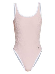 baby pink stretch-design Medusa Head motif scoop neck scoop back contrasting trim high cut Be mindful to try on swimwear over your own garments. Elegant Pink Swimsuit, Elegant Pink Bodysuit For Swimming, Pink Fitted Swimwear With Scoop Neck, Pink Fitted Scoop Neck Swimwear, Fitted Pink Scoop Neck Swimwear, Pink Scoop Neck Swimwear For Beach, Pink Stretch Scoop Neck Swimwear, White Scoop Neck Swimwear With Lined Body, Elegant Pink Lined Swimwear