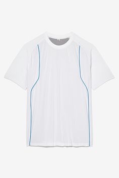 a white t - shirt with blue trims