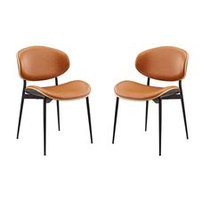 two brown chairs sitting next to each other on top of a white surface with black legs