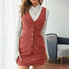 Nwot Rust Corduroy Dress Super Cute Deep V Front And Back Dress Corduroy Dress Outfit, Outfit Ideas Christmas, Cute Thanksgiving Outfits, Thanksgiving Outfit Ideas, Corduroy Overall Dress, Shein Dress, Button Front Dress, Corduroy Dress, Thanksgiving Outfit