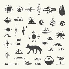 an image of some animals and symbols on a white background with black ink in the middle