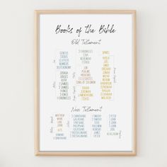 a framed poster with the words books of the bible written in different languages on it