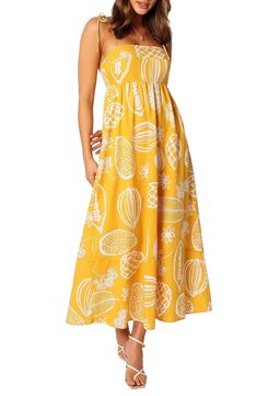 A bright tropical pattern puts a sunny spin on a maxi dress that's a breath of fresh air for your warm-weather wardrobe. Hidden back-zip closure Square neck Adjustable tie straps Lined 95% cotton, 5% linen Hand wash, line dry Imported Tie Shoulder Dress, Long Flowy Dress, Flowy Summer Dresses, Vintage Tie, Solid Color Dress, High Quality Dress, Fruit Print, Evening Attire, Flowy Dress