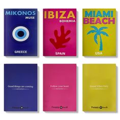 six books with different designs on them, each one has an eye and palm tree