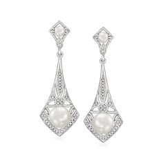 Ross-Simons - 3.5-7.5mm Cultured Pearl, .11ct t. w. Diamond Vintage-Style Drop Earrings. Beautifully crafted with a vintage-style aesthetic, these elegant drop earrings feature 3.5-7.5mm cultured freshwater button pearls and .11 ct. t. w. round diamonds. Finely crafted in polished sterling silver with milgrain details. Hanging length is 1 3/8". Post/clutch, diamond and white pearl vintage-style drop earrings. Pearl birthstones are the perfect gift for June birthdays. Classic Diamond White Pierced Earrings, Classic White Diamond Earrings With Elegant Design, Classic Elegant Diamond Earrings For Anniversary, Classic Diamond Earrings For Anniversary With Elegant Design, Timeless Bridal Earrings For Anniversary, Timeless Elegant Bridal Earrings For Anniversary, Elegant Timeless Bridal Earrings For Anniversary, Classic Diamond White Dangle Bridal Earrings, Art Deco Diamond Cut Earrings For Wedding