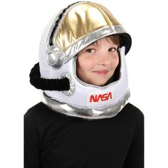 Get your child ready for their next adventure among the stars with this Kids Space Plush Helmet! This white, foam-backed helmet has a sewn-on NASA patch and a faux pipe on the side. Metallic fabric along the bottom and a shiny gold visor add realistic detail, and the open front lets your child see the sky—or the Halloween candy they’re collecting! Nasa Patch, Space Helmet, Astronaut Costume, Astronaut Helmet, Nasa Logo, Buzz Aldrin, Novelty Hats, Kids Helmets, Nasa Space